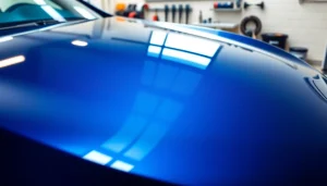 Ceramic coating near me showcasing a polished vehicle hood reflecting light in a professional detailing shop.