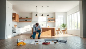 Austin residential remodeling contractor measuring cabinetry in a bright kitchen renovation.