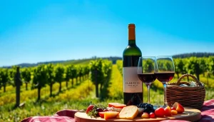 Engaging Clarksburg wine tasting scene with picnic setup, highlighting a serene vineyard landscape.