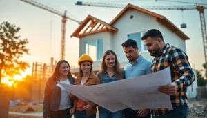 Domicile Construction team reviewing blueprints in a vibrant construction environment.