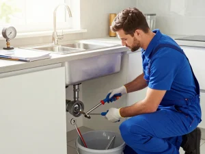 Clogged drain repair Rapid City SD with a plumber using a snake tool in a modern kitchen, showcasing professionalism and expertise.