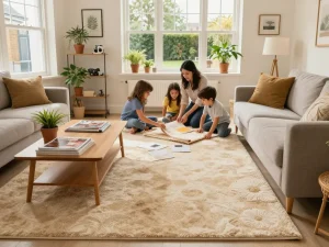 Engaging family discussing carpet fitting services West London in a cozy living room.