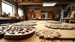 Showcasing laser cutting designs with intricate patterns and smooth edges on a workshop table.