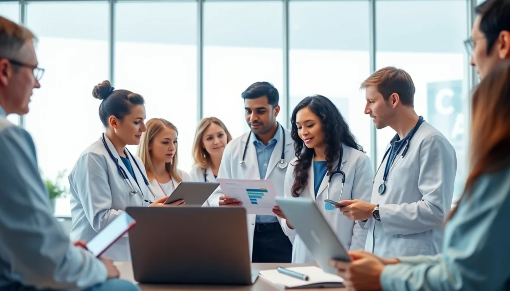 Healthcare professionals discussing cqm certification in a modern conference room.