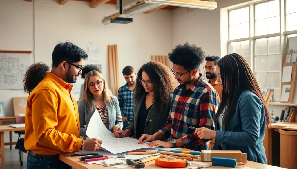 Engaging scene of construction education with diverse students learning from instructors.