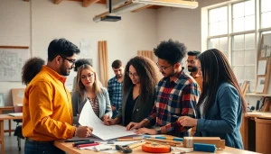 Engaging scene of construction education with diverse students learning from instructors.