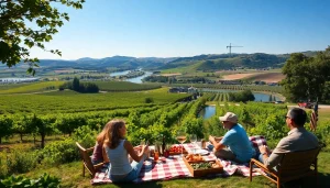 A family enjoying picnic, highlighting things to do in Clarksburg ca amidst scenic vineyards.