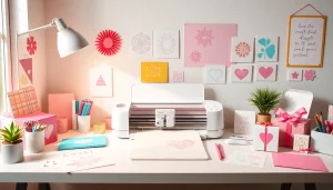 Cricut SVG designs showcased in a bright crafting workspace with cutting tools and colorful projects.