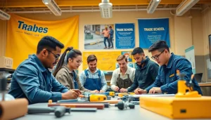 Students actively participating in hands-on training at a trade school classroom.