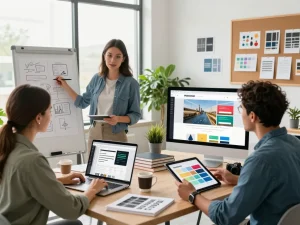 Team collaborating on innovative web design project in a modern studio