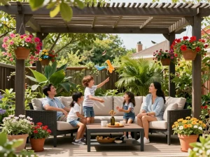 Family enjoying a pergola configurator-designed outdoor space with lush plants and bright sunlight.