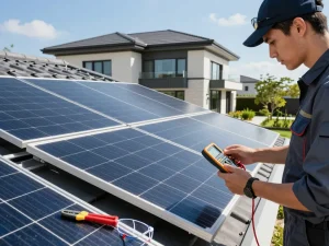 Technician inspecting solar panels on a rooftop, illustrating degradarea LID și LeTID la module PV performance and sustainability efforts.