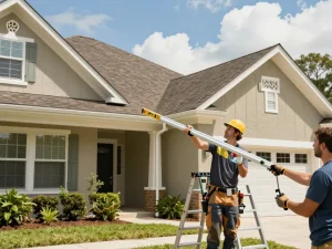 Seamless gutters jacksonville fl installation by professionals in a sunny suburban neighborhood.