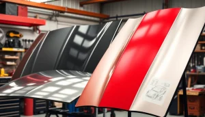 Showcasing automotive hoods in a dynamic garage setting with detailed craftsmanship.