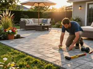 Expert paver installation near me with skilled landscaper laying interlocking pavers in a beautiful outdoor space.