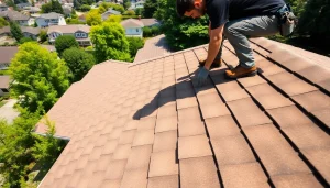 Inspecting roof replacement Bay Area with professional roofer working on shingles.