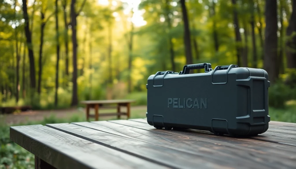 Showcasing a Pelican gun case for sale, placed on a table in a serene outdoor setting.
