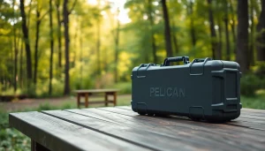 Showcasing a Pelican gun case for sale, placed on a table in a serene outdoor setting.