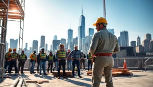 New York General Contractor managing a construction team with city skyline backdrop.