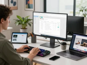 Focused individual using WPS Office applications in a modern workspace, showcasing productivity and innovation.