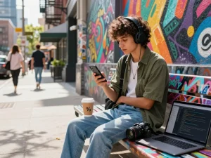 Engaging with an AI slut chatbot in a vibrant urban setting, showcasing modern youth culture and technology.