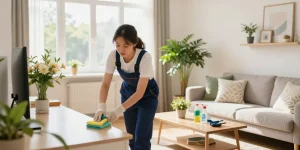 Expert cleaner showcasing hauswartung solothurn in a bright living room with spotless surfaces and vibrant decor.
