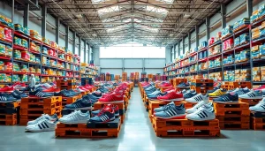 Shopper examining Best Adidas Shoe Pallets (100 Pairs) in a vibrant warehouse setup.