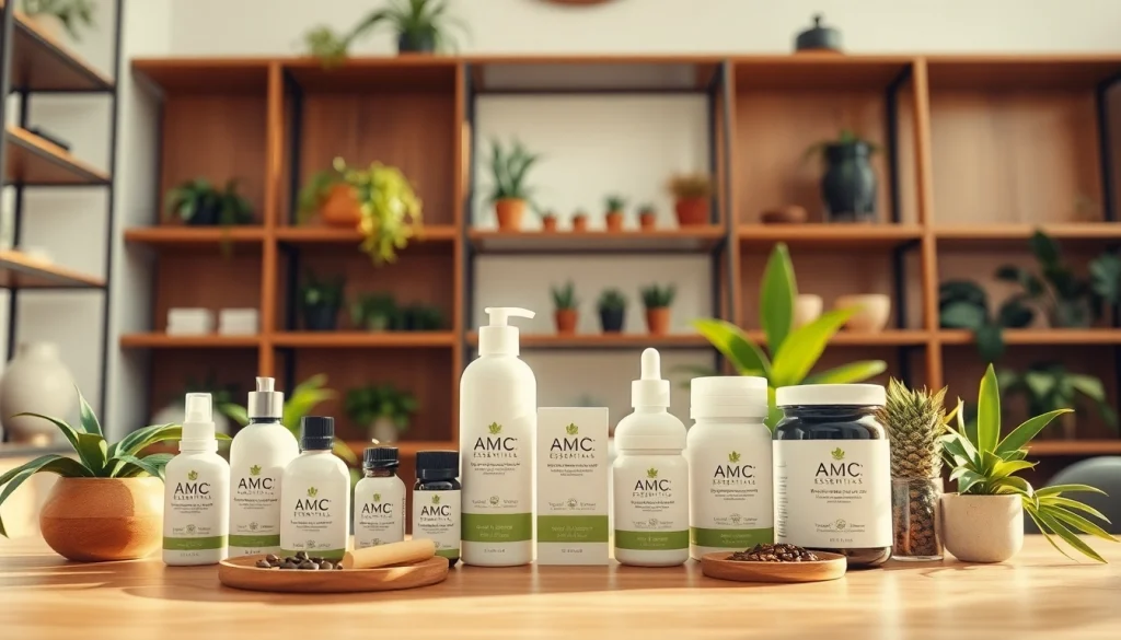 Showcasing AMC Essentials wellness products arranged beautifully in a modern wellness setting.