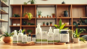 Showcasing AMC Essentials wellness products arranged beautifully in a modern wellness setting.