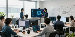 Collaboration scene in a tech innovation center featuring IVQ Schweiz with engineers and developers at work.