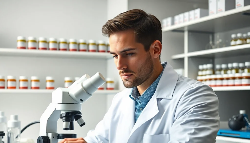 Hydro Research scientist analyzing peptides in a modern laboratory.