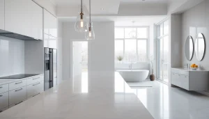 Engaging view of a kitchen and bathroom renovation highlighting modern design elements and elegant finishes.