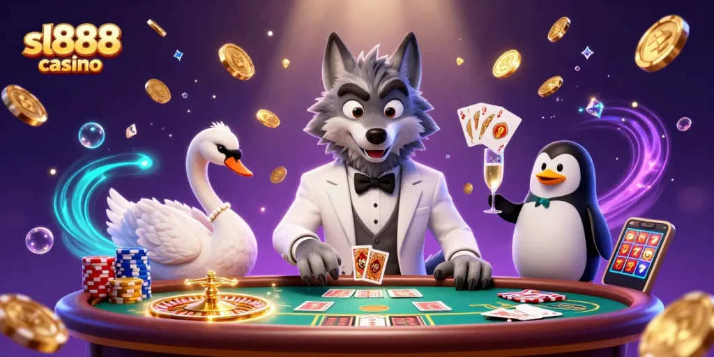 Experience thrilling gameplay at sl888 casino with our vibrant, animated characters and engaging casino elements.