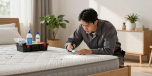 bed bug exterminator inspecting a bedroom for bed bugs, showcasing professionalism and expertise in pest control