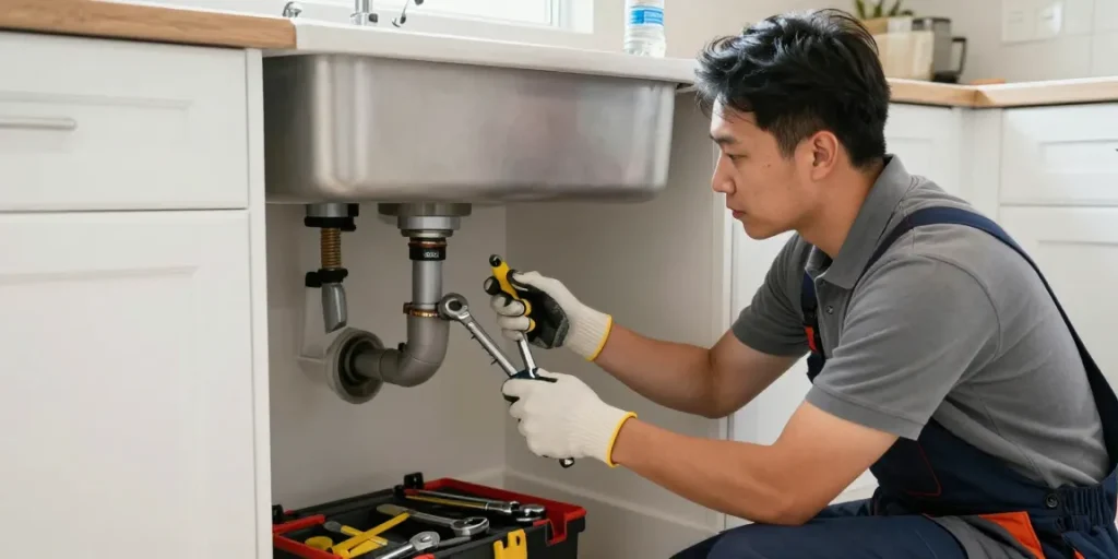 Drain cleaning San Diego by an expert plumber fixing a kitchen sink, showcasing professional tools and a bright environment.
