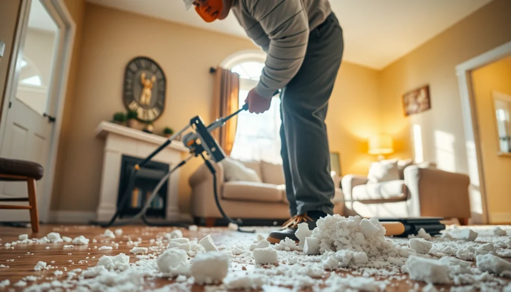 Technician performing spray foam removal in a cozy living room.