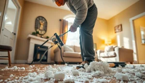 Technician performing spray foam removal in a cozy living room.