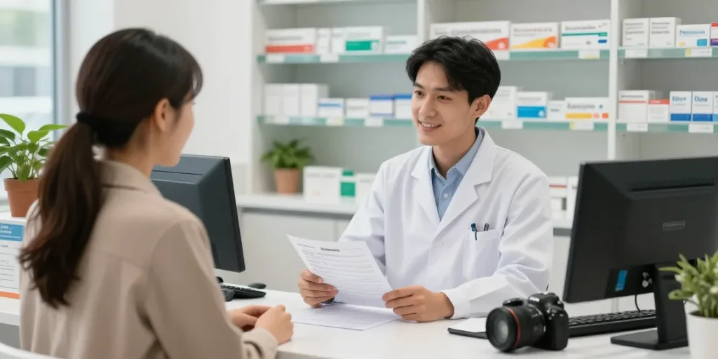 Pharmacist and customer discussing ketamine buy options in a modern pharmacy setting.