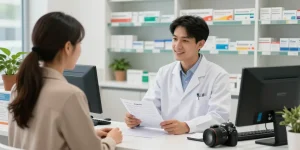 Pharmacist and customer discussing ketamine buy options in a modern pharmacy setting.