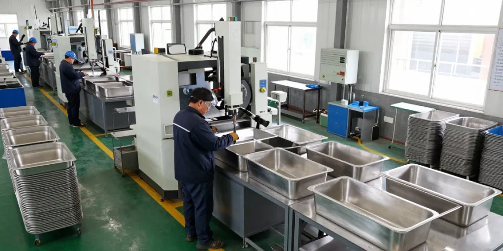 Workers at a stainless steel basin factory engaged in high-quality manufacturing processes.