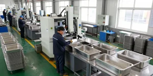 Workers at a stainless steel basin factory engaged in high-quality manufacturing processes.