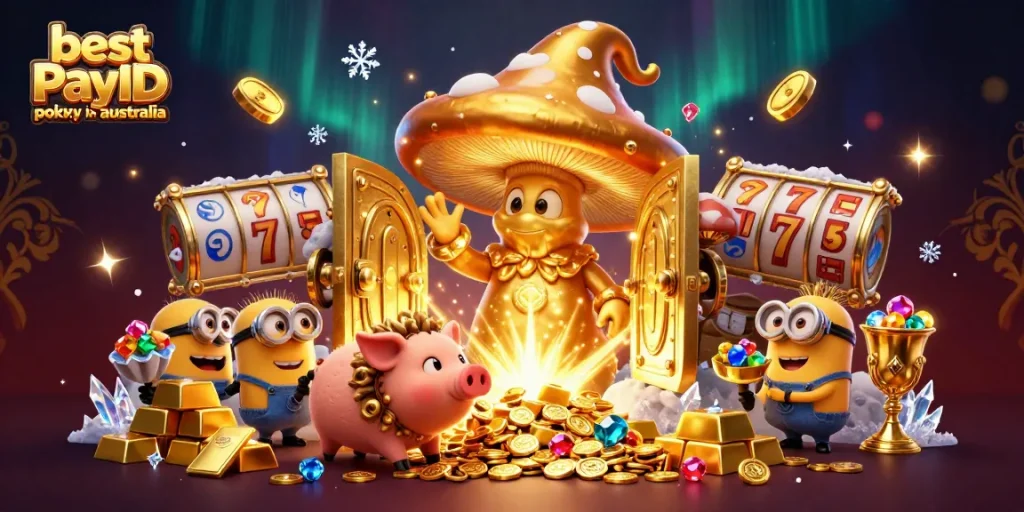 Engage with the best PayID pokies in Australia featuring a wizard, truffle pig, and slot reels.