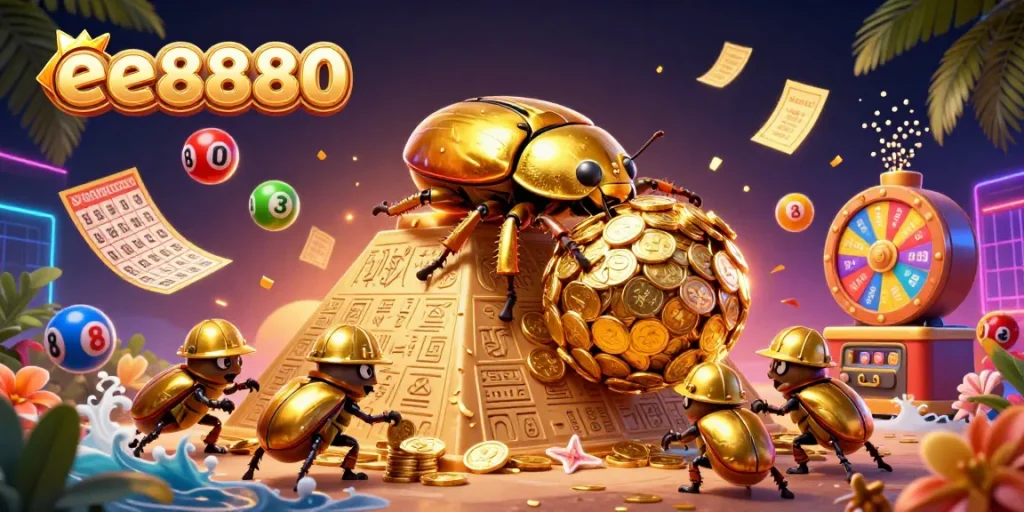Engage with ee8880's vibrant casino scene featuring a golden beetle rolling coins amidst dynamic lottery elements.