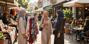 Vibrant urban hijabi store scene with women engaging in a colorful marketplace.