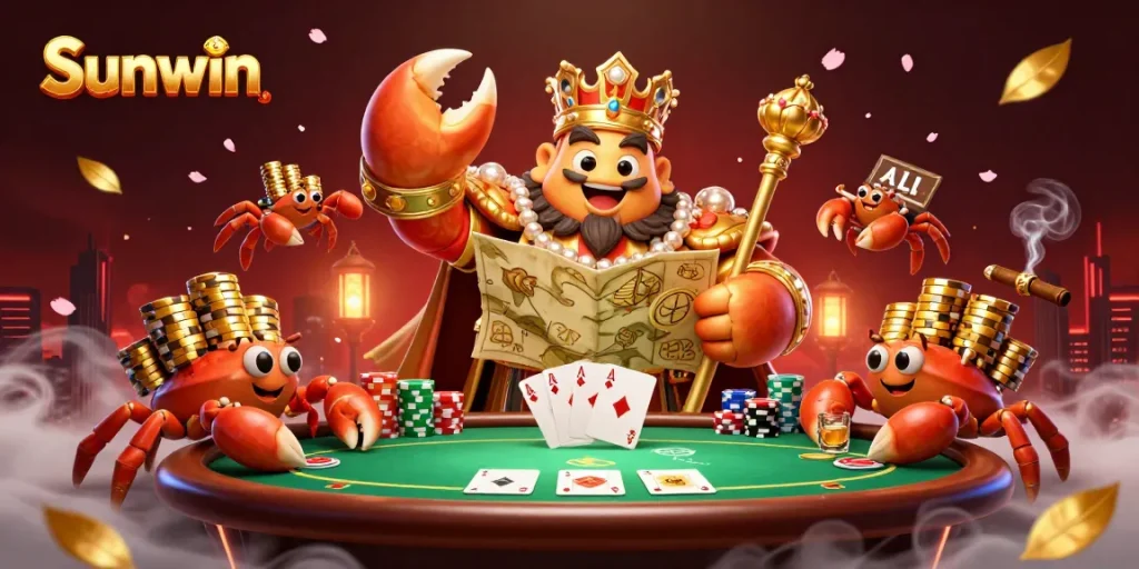 Sunwin offers thrilling poker experiences with a majestic golden crab emperor amidst vibrant casino elements.