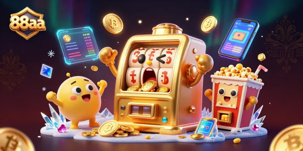 Experience the excitement of 88aa as a golden slot machine hits a jackpot amidst vibrant gambling elements.