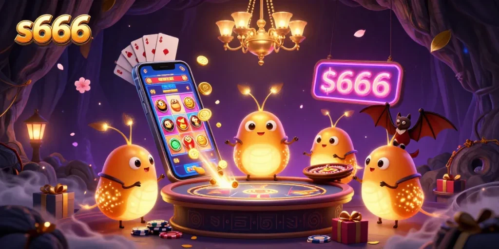 Experience the vibrant casino fun at s666 with glowworms and a bat dealer illuminating the game table.