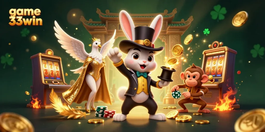 Engage with the game 33win in a vibrant casino scene featuring a magician rabbit, assistant dove, and playful monkey.