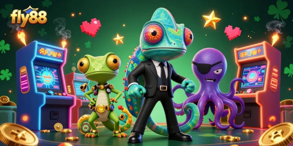 Experience exciting gameplay at fly88 while interacting with unique casino characters and vibrant gaming elements.