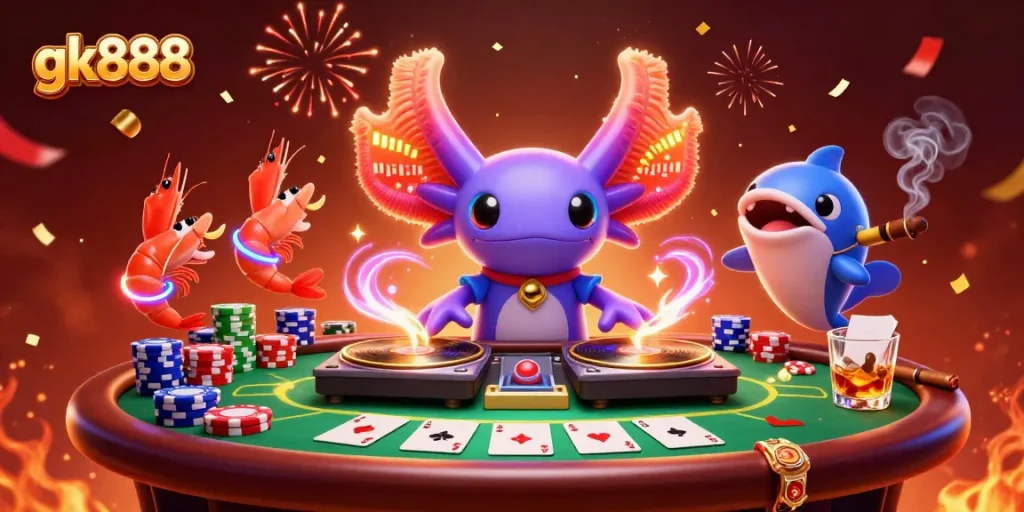 Experience gk888 excitement with neon-themed 3D casino illustration showcasing vibrant gaming dynamics.